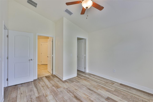 12218 Avondale Oak Pl, Riverview, FL 33578 - unfurnished bedroom with light wood finished floors, high vaulted ceiling, and ceiling fan