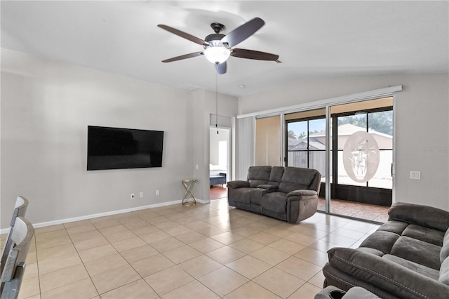1139 Nodding Shade Dr, Brooksville, FL 34604 - living room with ceiling fan, light tile patterned flooring, and lofted ceiling