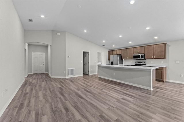 11958 Stone Pine St, Riverview, FL 33569 - kitchen with stainless steel appliances, arched walkways, lofted ceiling, light wood-style flooring, and light countertops