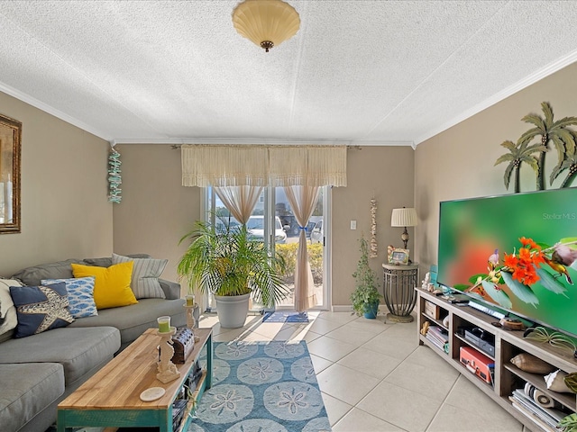 464 N Paula Dr Unit 106, Dunedin, FL 34698 - living area featuring ornamental molding, light tile patterned floors, and a textured ceiling