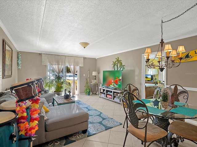 464 N Paula Dr Unit 106, Dunedin, FL 34698 - tiled living room featuring crown molding, a chandelier, and a textured ceiling