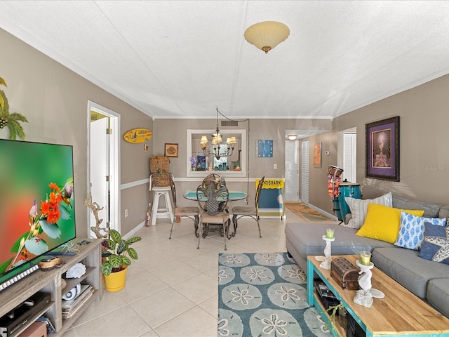 464 N Paula Dr Unit 106, Dunedin, FL 34698 - living room with light tile patterned floors, a chandelier, ornamental molding, and a textured ceiling