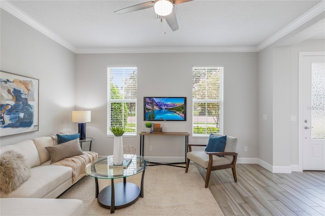 527 Jetstar Ln, Oldsmar, FL 34677 - living area with light wood-style flooring, crown molding, and a ceiling fan