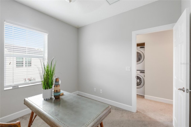 527 Jetstar Ln, Oldsmar, FL 34677 - home office with stacked washing machine and dryer and light carpet