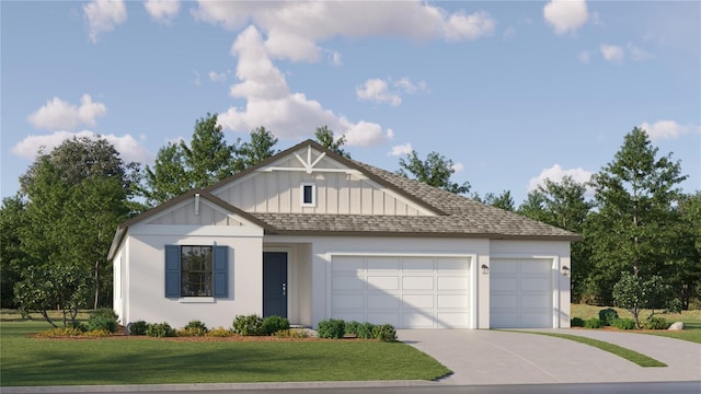 6913 116th Ct E, Palmetto, FL 34221 - view of front facade with concrete driveway, a garage, board and batten siding, a front lawn, and a shingled roof