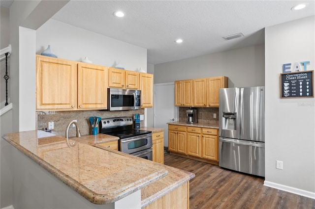 4715 Barnstead Dr, Riverview, FL 33578 - kitchen featuring stainless steel appliances, light brown cabinetry, dark wood-style floors, backsplash, and a peninsula