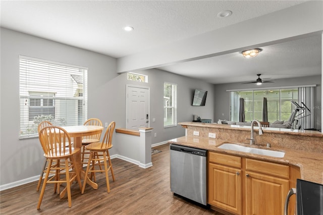 4715 Barnstead Dr, Riverview, FL 33578 - kitchen featuring dishwasher, wood finished floors, ceiling fan, light stone countertops, and recessed lighting