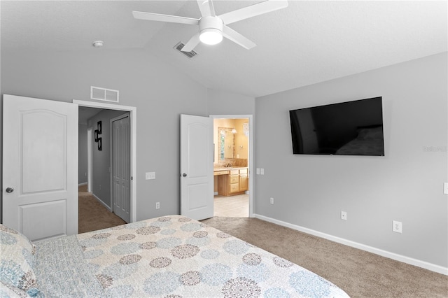 4715 Barnstead Dr, Riverview, FL 33578 - carpeted bedroom with connected bathroom, a ceiling fan, and high vaulted ceiling