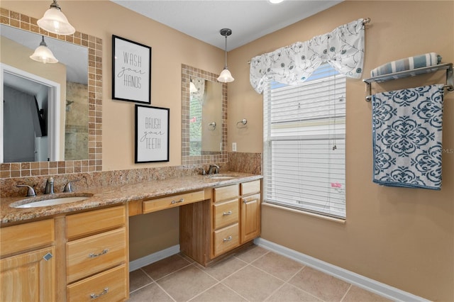 4715 Barnstead Dr, Riverview, FL 33578 - full bath featuring double vanity, decorative backsplash, and tile patterned flooring