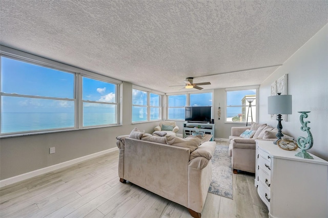 17408 Gulf Blvd Unit 601, Redington Shores, FL 33708 - living room featuring ceiling fan, light wood-style flooring, and a textured ceiling