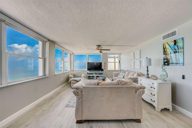 17408 Gulf Blvd Unit 601, Redington Shores, FL 33708 - living room featuring a ceiling fan, a textured ceiling, light wood-style floors, and healthy amount of natural light