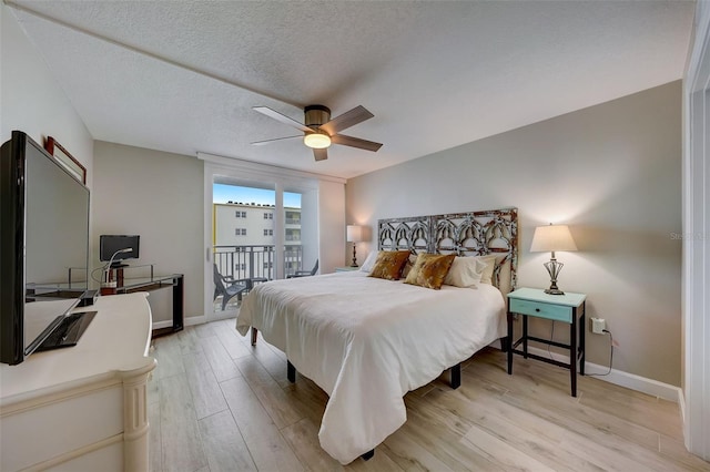 17408 Gulf Blvd Unit 601, Redington Shores, FL 33708 - bedroom featuring access to outside, light wood-style flooring, ceiling fan, and a textured ceiling