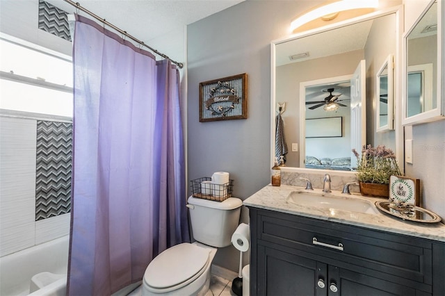 6101 Broken Arrow Dr, New Port Richey, FL 34653 - bathroom with vanity, a ceiling fan, and shower / tub combo