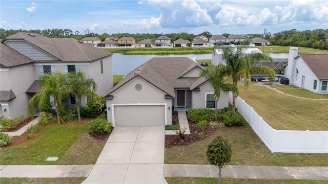 14317 Italia Dr, Wimauma, FL 33598 - view of front of property featuring a garage, a residential view, concrete driveway, stucco siding, and a water view