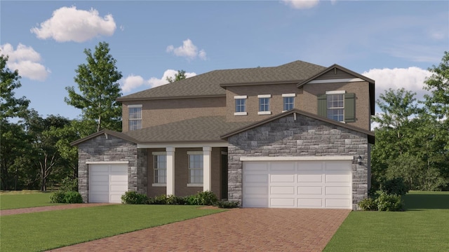 6925 E 116th Ct, Palmetto, FL 34221 - craftsman-style house featuring stone siding, a front yard, decorative driveway, and a garage