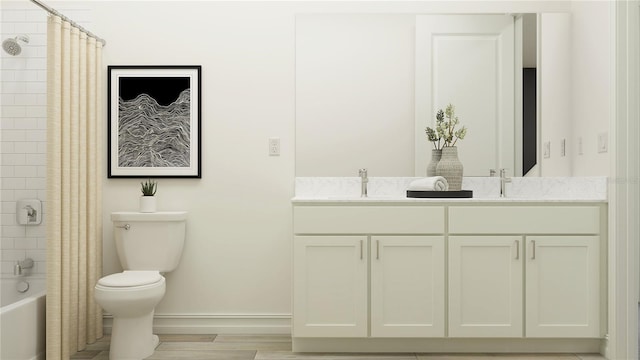 6925 E 116th Ct, Palmetto, FL 34221 - bathroom with double vanity, shower / tub combo with curtain, and wood finished floors