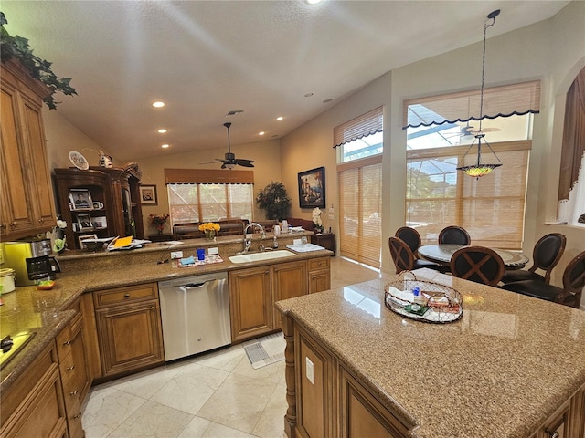 6900 Molakai Cir, Boynton Beach, FL 33437 - kitchen featuring dishwasher, brown cabinets, ceiling fan, a peninsula, and recessed lighting