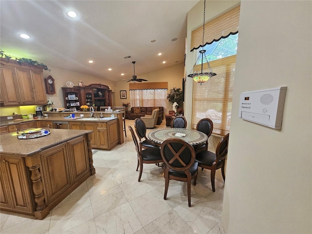 6900 Molakai Cir, Boynton Beach, FL 33437 - dining area featuring recessed lighting, light marble finish floors, vaulted ceiling, and a ceiling fan