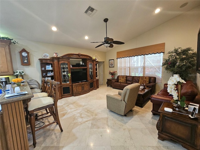 6900 Molakai Cir, Boynton Beach, FL 33437 - living room featuring vaulted ceiling, a ceiling fan, recessed lighting, and light marble finish floors