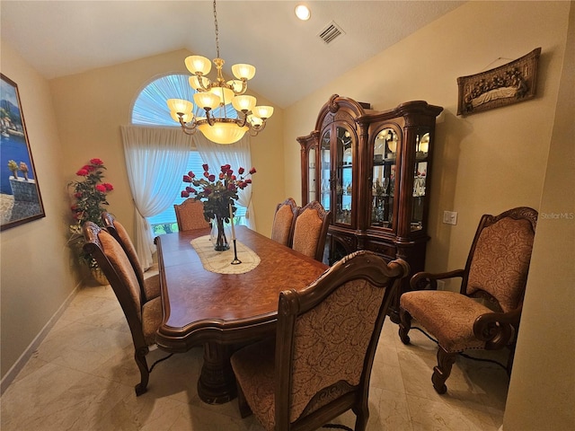 6900 Molakai Cir, Boynton Beach, FL 33437 - dining space featuring a chandelier, vaulted ceiling, and light tile patterned flooring