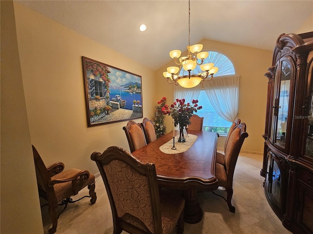 6900 Molakai Cir, Boynton Beach, FL 33437 - dining space featuring a chandelier, lofted ceiling, and light tile patterned floors