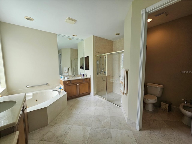 6900 Molakai Cir, Boynton Beach, FL 33437 - full bathroom with a shower stall, marble look tiles, vanity, a tub with jets, and a bidet