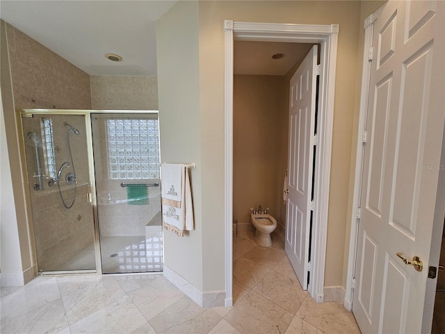 6900 Molakai Cir, Boynton Beach, FL 33437 - bathroom featuring a bidet, a shower stall, and marble finish floors