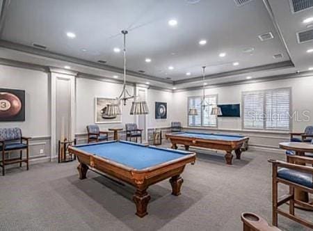 6900 Molakai Cir, Boynton Beach, FL 33437 - recreation room with carpet, ornamental molding, billiards table, a decorative wall, and wainscoting