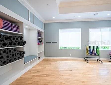 6900 Molakai Cir, Boynton Beach, FL 33437 - mudroom with crown molding, wood finished floors, recessed lighting, built in shelves, and a raised ceiling