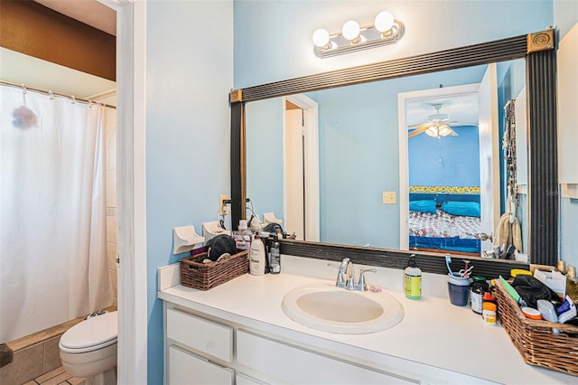 750 Caliente Dr, Brandon, FL 33511 - bathroom with ceiling fan, vanity, curtained shower, and tile patterned flooring