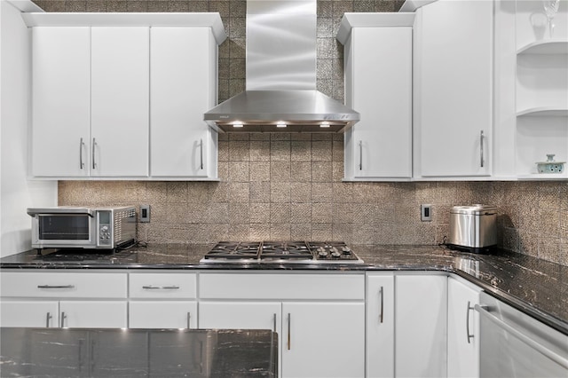 305 Sea Island Way, Tampa, FL 33602 - kitchen with wall chimney range hood, appliances with stainless steel finishes, open shelves, backsplash, and white cabinets