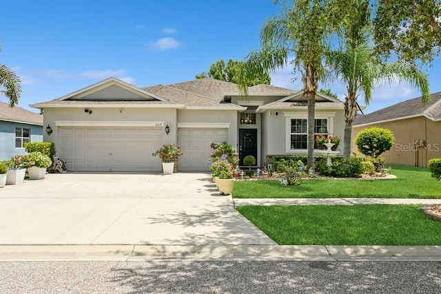 2639 Yukon Cliff Dr, Ruskin, FL 33570 - view of front facade with stucco siding, a garage, driveway, a front yard, and a shingled roof