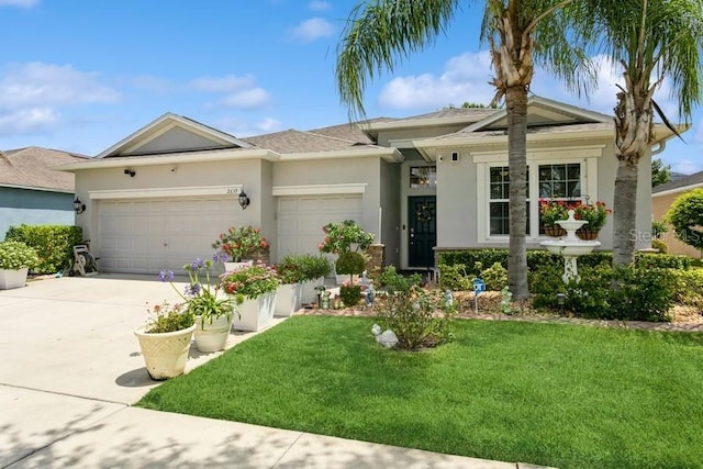 2639 Yukon Cliff Dr, Ruskin, FL 33570 - ranch-style home featuring a garage, stucco siding, concrete driveway, a front lawn, and a shingled roof