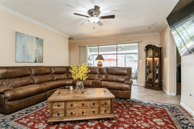 2639 Yukon Cliff Dr, Ruskin, FL 33570 - living room with ceiling fan, ornamental molding, and tile patterned flooring