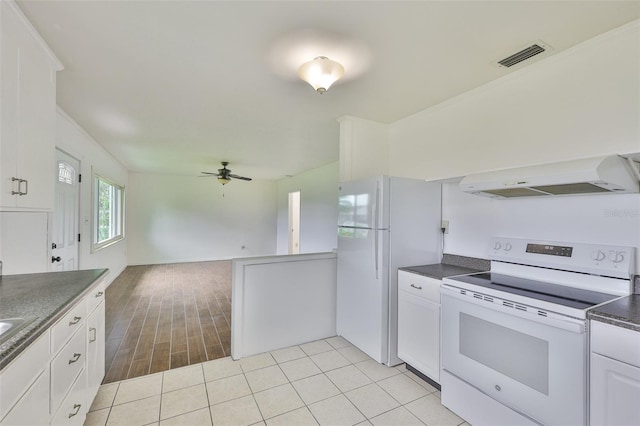 106 W N Branch Rd, Ruskin, FL 33570 - kitchen featuring white appliances, extractor fan, dark countertops, a ceiling fan, and open floor plan