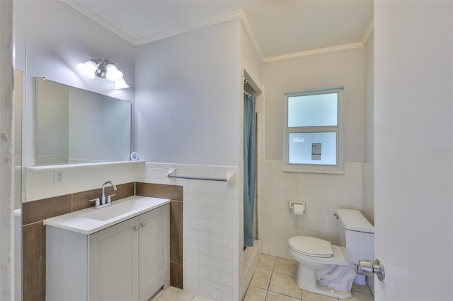 106 W N Branch Rd, Ruskin, FL 33570 - full bath featuring tile walls, tile patterned floors, vanity, a shower with curtain, and ornamental molding