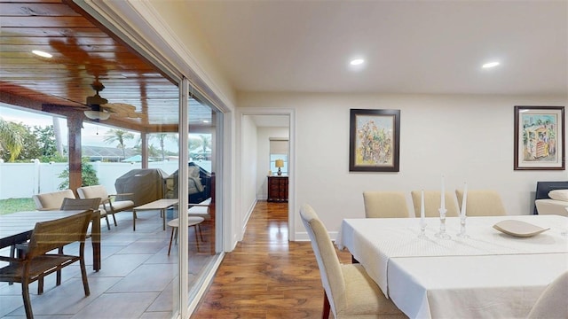 14424 Neptune Rd, Seminole, FL 33776 - dining area with recessed lighting, a ceiling fan, and light wood finished floors