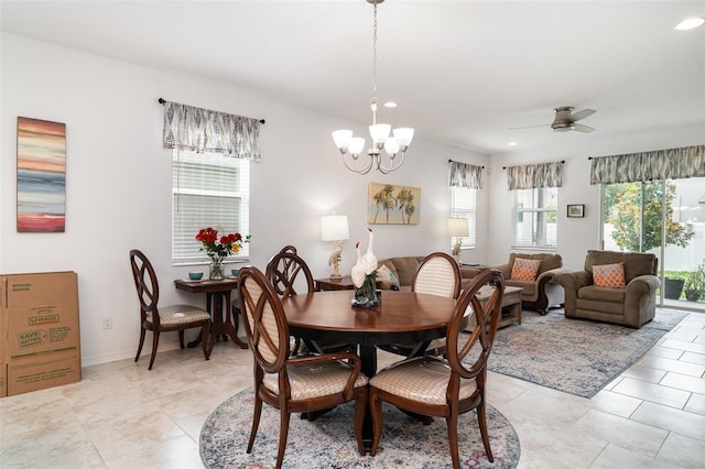 11444 Alachua Creek Ln, Riverview, FL 33579 - dining area featuring a ceiling fan, a chandelier, light tile patterned flooring, and recessed lighting