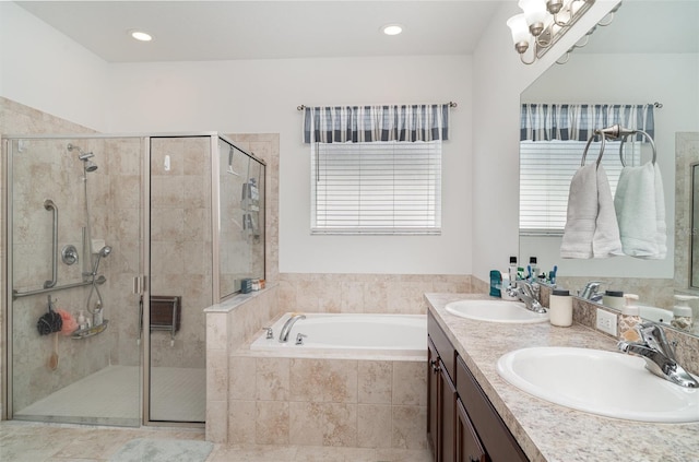 11444 Alachua Creek Ln, Riverview, FL 33579 - full bath featuring a garden tub, a stall shower, double vanity, and recessed lighting