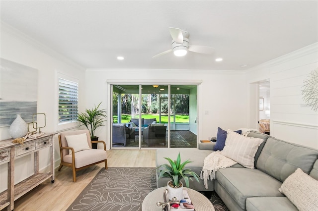 1908 Sutherland Dr W, Palm Harbor, FL 34683 - living room featuring crown molding, wood finished floors, a ceiling fan, and recessed lighting
