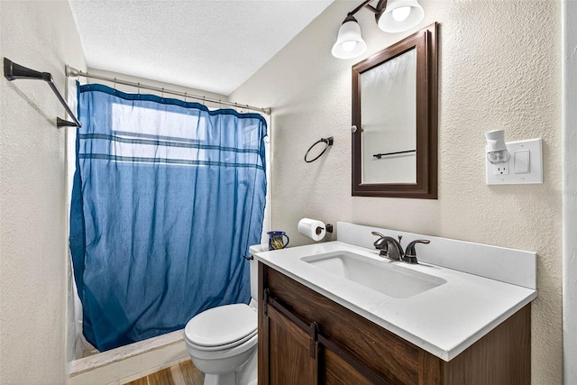 7814 Burnham Dr, Port Richey, FL 34668 - full bath with vanity, a textured wall, a textured ceiling, and a shower with curtain