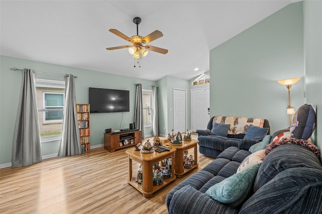 5112 Prairie View Way, Wesley Chapel, FL 33545 - living room featuring light wood-style floors, a ceiling fan, and lofted ceiling