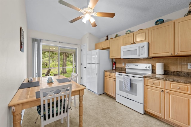5112 Prairie View Way, Wesley Chapel, FL 33545 - kitchen featuring white appliances, light brown cabinetry, dark countertops, and backsplash