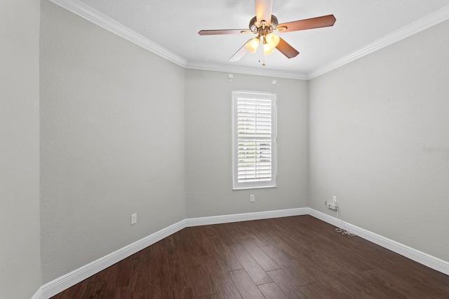 27455 Mistflower Dr, Wesley Chapel, FL 33544 - empty room featuring a ceiling fan, dark wood-style floors, and ornamental molding
