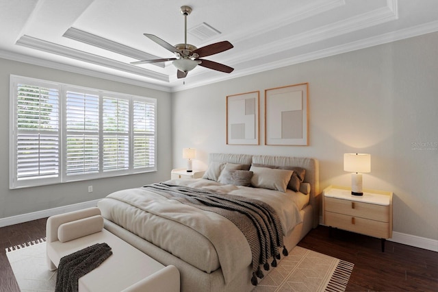 27455 Mistflower Dr, Wesley Chapel, FL 33544 - bedroom with a raised ceiling, crown molding, dark wood finished floors, and ceiling fan