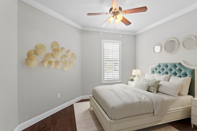 27455 Mistflower Dr, Wesley Chapel, FL 33544 - bedroom featuring dark wood-style flooring, ornamental molding, and ceiling fan