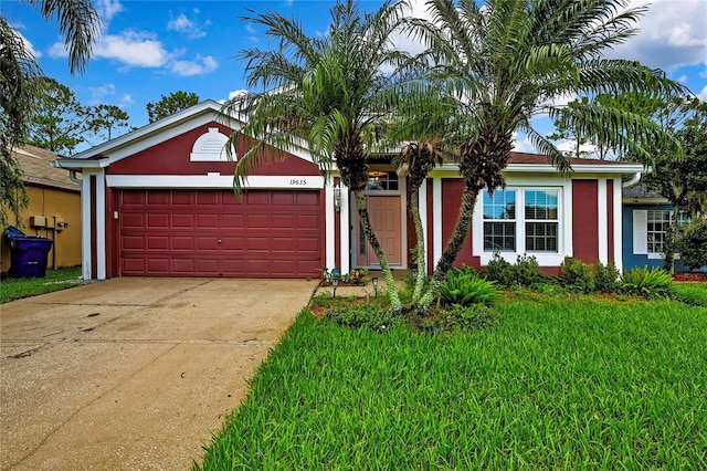 19635 Bellehurst Loop, Land O Lakes, FL 34638 - ranch-style house with a garage, stucco siding, concrete driveway, and a front yard