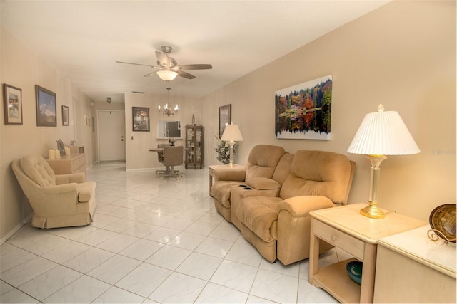 1701 Pinehurst Rd Unit 24B, Dunedin, FL 34698 - living room with a chandelier, ceiling fan, and light tile patterned floors
