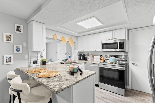 8004 Beaver Creek Loop, Hudson, FL 34667 - kitchen with appliances with stainless steel finishes, a tray ceiling, white cabinets, a kitchen breakfast bar, and light wood-type flooring