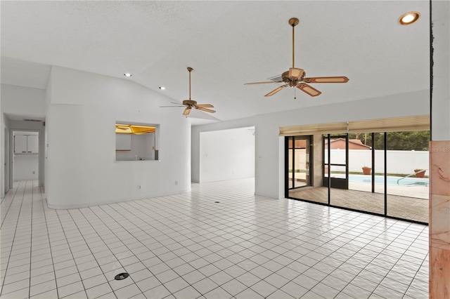9311 136th Way, Seminole, FL 33776 - unfurnished living room featuring vaulted ceiling, recessed lighting, a ceiling fan, and light tile patterned flooring